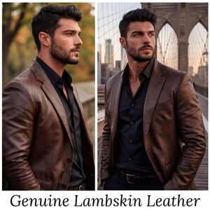 Vintage Leather Jacket Luxury Lambskin Dress Blazer Round Tree Yorke Brown Men L